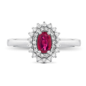 Anillo de oro blanco con rubí central y doble orla de diamantes