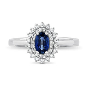 Anillo de oro blanco con zafiro central y doble orla de diamantes