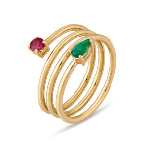 Anillo de oro amarillo, esmeralda y rubí