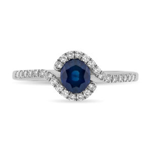 Anillo de oro blanco, zafiro central y diamantes