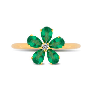 Anillo de oro amarillo, esmeraldas y un diamante central