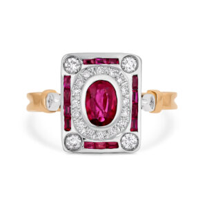 Anillo diseño art-decó en oro blanco y amarillo, rubíes y diamantes