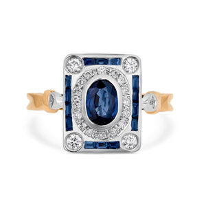 Anillo diseño art-decó en oro blanco y amarillo, zafiros y diamantes