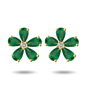 Pendientes de oro amarillo, esmeraldas y diamante central