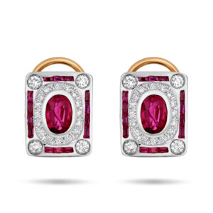 Pendientes diseño art-decó en oro blanco y amarillo, rubíes y diamantes