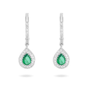 Pendientes de oro blanco, diamantes y esmeraldas talla pera